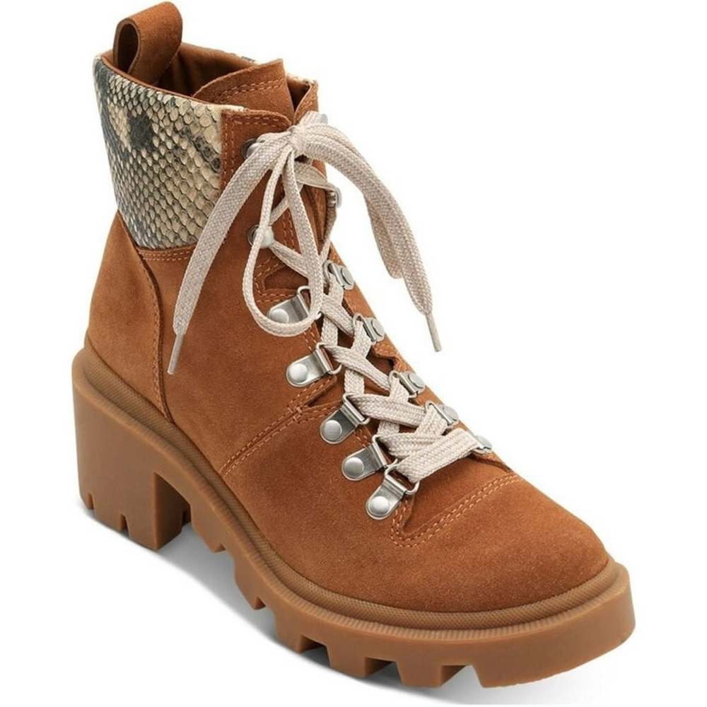 Brown Suede Ankle Boots with Snake Print Detail